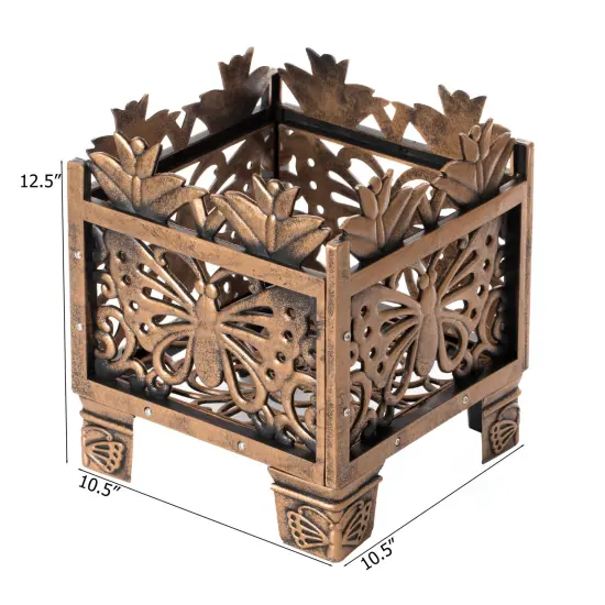 Set of 2 Outdoor Living Butterfly Square Plant Stands, Decorative Flower Planting Pots, Antique Bronze Finish, Garden Patio Decor {5}