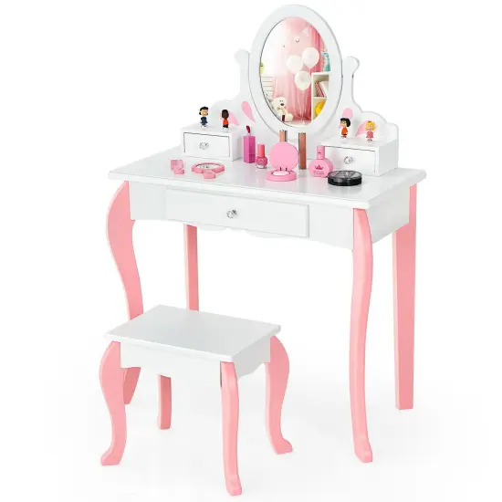 Kids Vanity Princess Makeup Dressing Table Stool Set with Mirror and Drawer Pink {8}