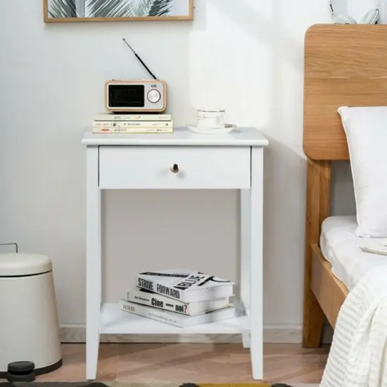2-Tier Wooden Storage Display Nightstand End Table with 1 Drawer and Metal Handle White {5}