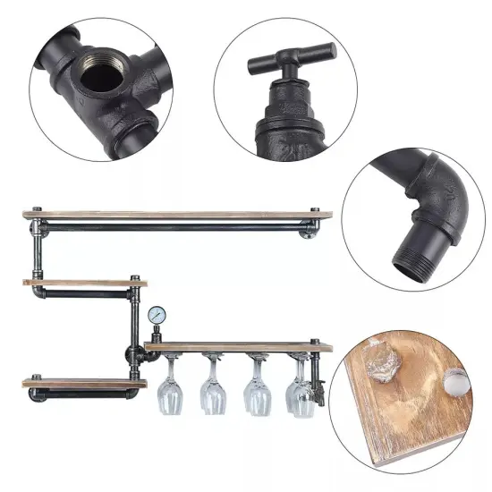 Industrial Wine Racks with 4 Stem Glass Holder Wall Mounted Rustic Metal Shelf {3}