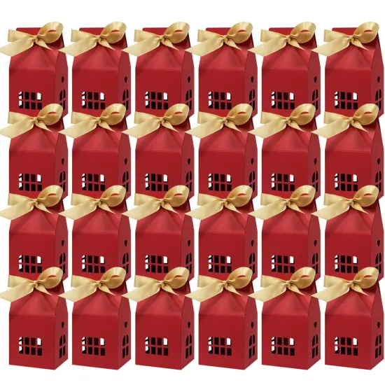 Wrapables House Shaped Gift Boxes with Ribbons for Weddings, Housewarming, Cookies, Candies, Treats, Party Favors (Set of 24), Red {1}