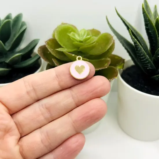 1, 4, 20 or 50 Pieces: Pink and Gold Round Heart Charms - Double Sided {2}