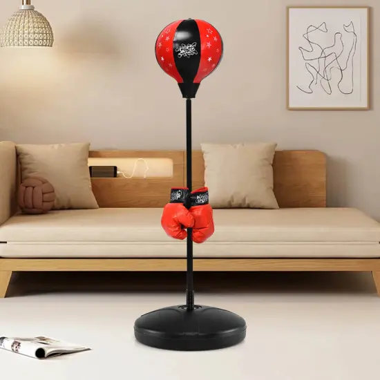 Costway Kids Punching Bag Toy Set Adjustable Stand Boxing Glove Speed Ball with Pump Red/Pink {5}