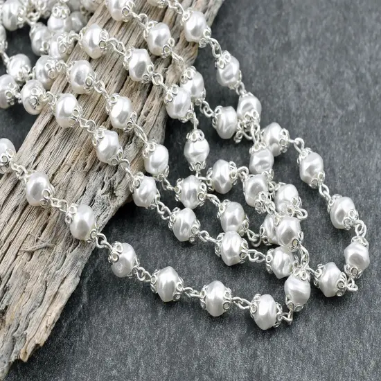 6mm Czech Glass White Baroque Pearl Chain w/ Bright Silver Caps -- Sold by the foot {3}