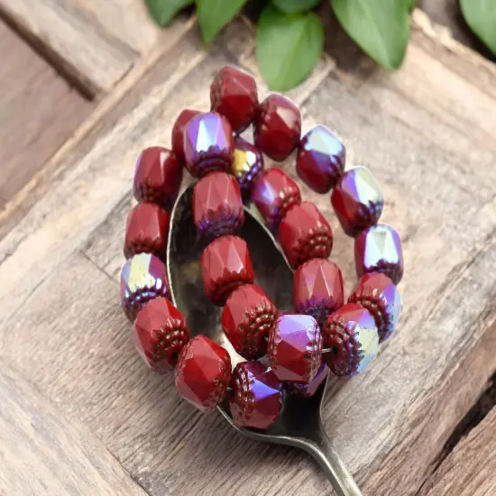 *10* 10mm Gold Washed Opaque Red AB Fire Polished Cathedral Beads {4}