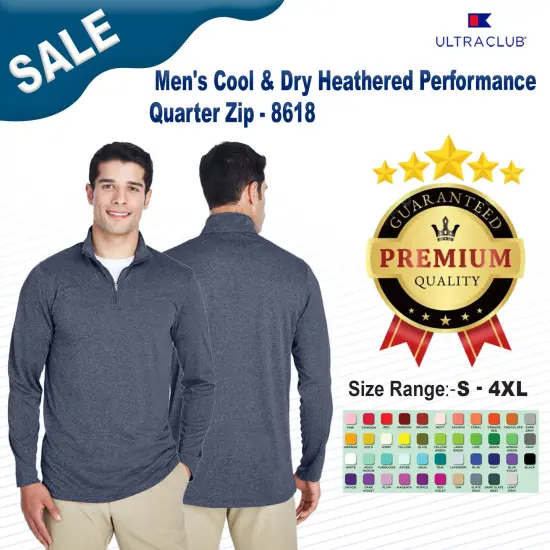 UltraClub&reg; Men's Cool & Dry Heathered Performance Quarter-Zip {2}