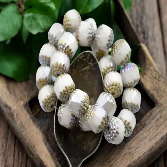 *10* 10mm Gold & Silver Washed White Alabaster AB Fire Polished Cathedral Beads {4}