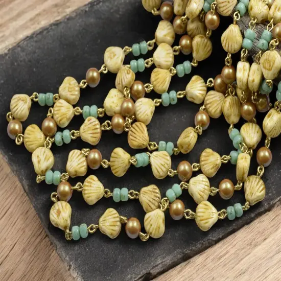 Alabaster Travertine Sea Shell Beaded Chain - Sold by the foot {3}