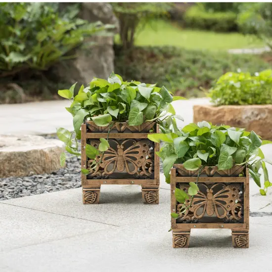 Set of 2 Outdoor Living Butterfly Square Plant Stands, Decorative Flower Planting Pots, Antique Bronze Finish, Garden Patio Decor {2}
