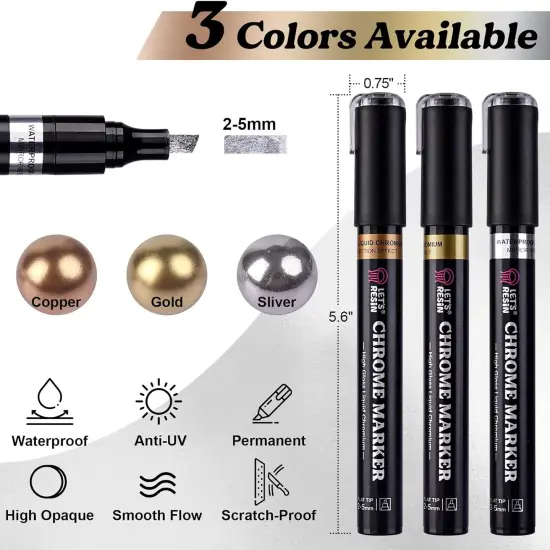 LET'S RESIN Liquid Mirror Chrome Metallic Markers, Reflective Gloss, 2-5mm Larger Application Area, 3 Colors Epoxy Resin Tools/Supplies for Coloring, Stroke, Painting, DIY Craft {2}