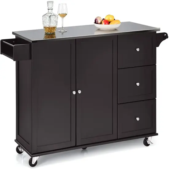 Kitchen Island 2-Door Storage Cabinet with Drawers and Stainless Steel Top Black {9}