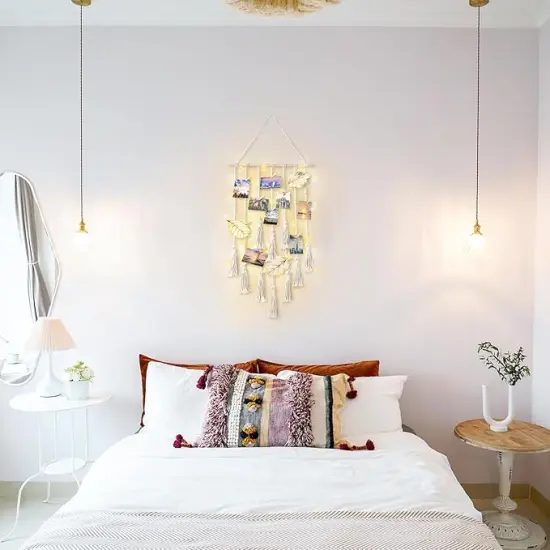 Hanging Photo Display Boho Macrame Wall Decor with Light, Teen Girl Teenage Gifts, Pictures Cards Frame Holder Art Hanger for Christmas Birthday Party Bedroom Dorm, with 30 Wood Clips, Ivory {3}