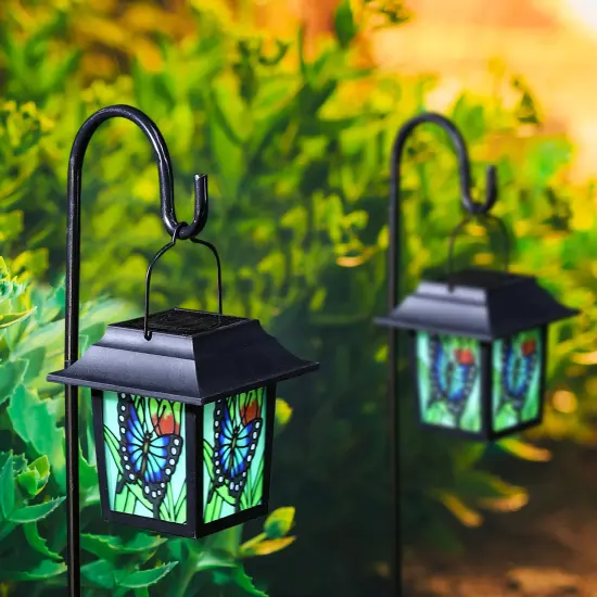 Set of 2 30"H Solar Powered Butterfly Scene Pattern Garden Lamp or Pathway Light with Ground Stake 2pcs Black {1}