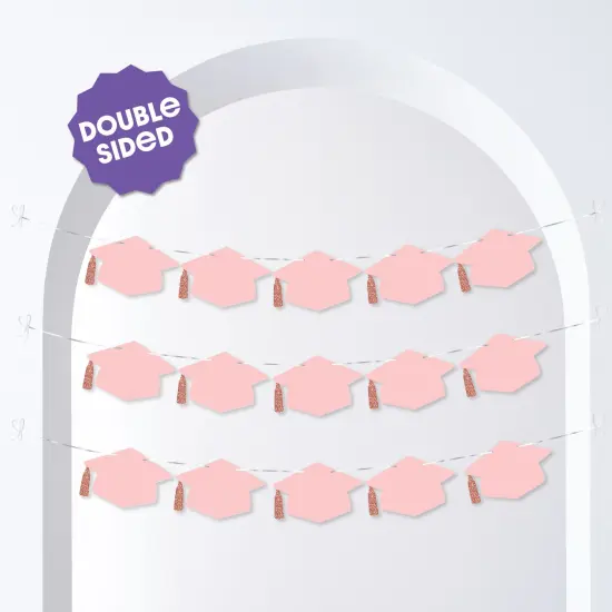 Big Dot of Happiness Rose Gold Graduation Cap Garland Banner, High School or Elementary Grad Photo Backdrop, 10 Feet of Cord, 15 Hats with Tassels {4}