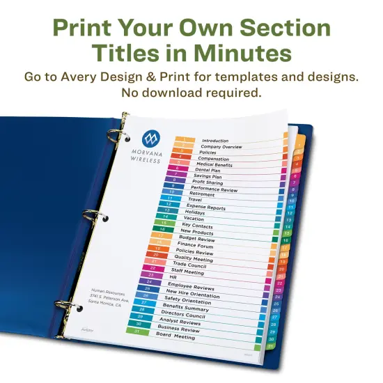 Avery EcoFriendly Recycled 1-31 Dividers for 3 Ring Binders, 31 Tabs per Set, Customizable Table of Contents, Multicolor Tabs (11084) {5}
