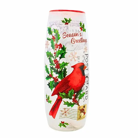 Stony Creek 11.75 In Vintage Postcard Large Vase Christmas Lighted Glass Accent , Christmas Decor Electric Pre-Lit Christmas CARDINAL {3}