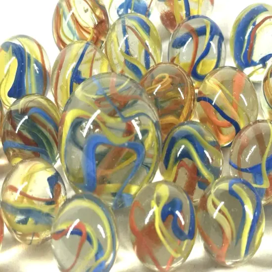 25 Glass Marbles ATOM Red/Yellow/Blue Streamer Fiesta game Shooter {4}