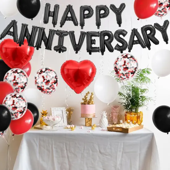 Anniversary Decorations &ndash; Foil Balloon Banner with Confetti and Heart Balloons (Black Red) {3}