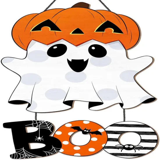 Halloween Ghost BOO Wood Door Hanging Sign Decorations - Ghost Pumpkin Boo {1}