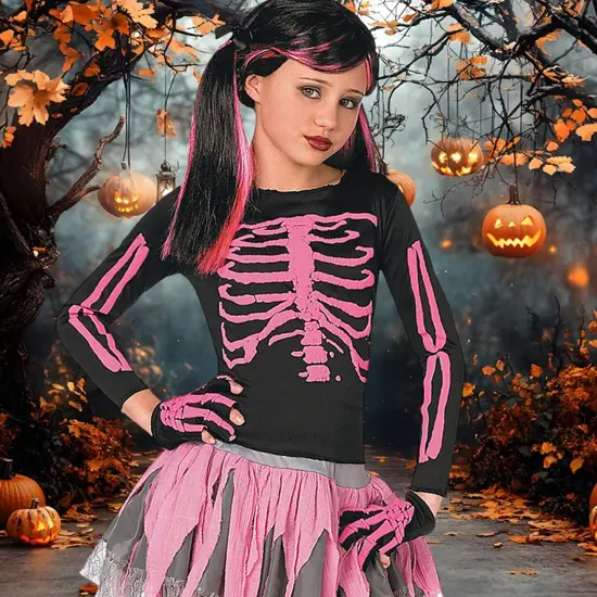 Girls Pink Skeleton Costume with Tutu Skirt and Gloves {5}
