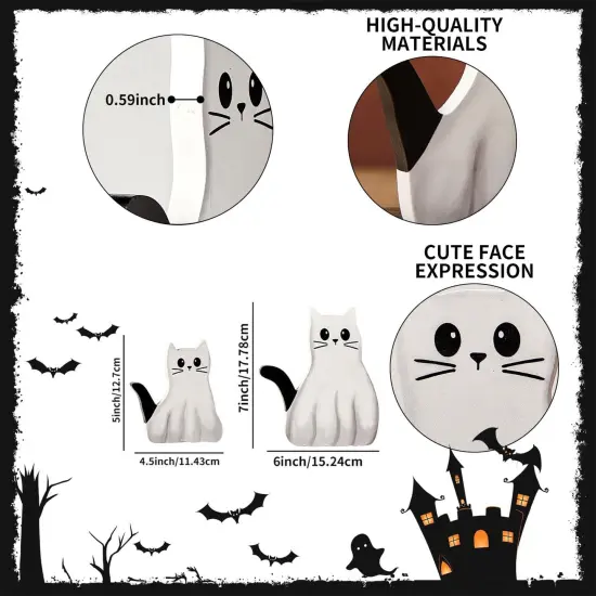2 Pcs Halloween Decorations - White Cat Wooden Table Tiered Tray Signs {3}
