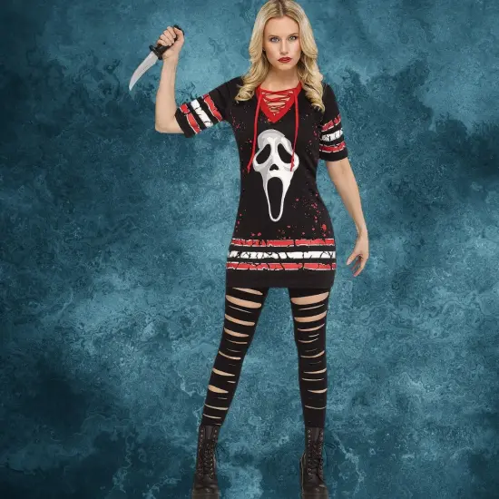 Adult Ghost Face Dress Costume Halloween V-Neck Iconic Mask Print {1}