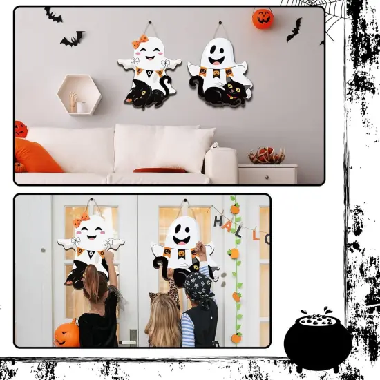 2 Pcs Halloween Ghost Witch Door Sign Boo Decor - Ghost {5}