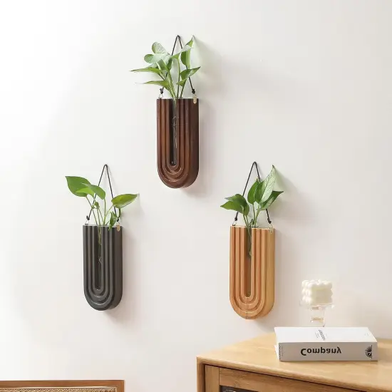 Set of 3 Wood Wall Planter Propagation Station Rainbow U Shape Hanging Vases {3}