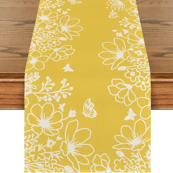 Yellow Bloom Flowers Butterfly Spring Table Runner, Seasonal Holiday Kitchen Dining Table Decoration for Home Party Indoor 13x72 Inch {1}