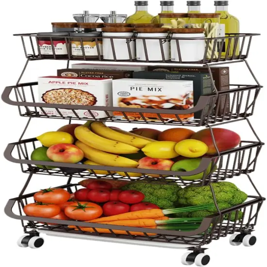 4 Tier Stackable Metal Wire Baskets Cart with Rolling Wheels {1}