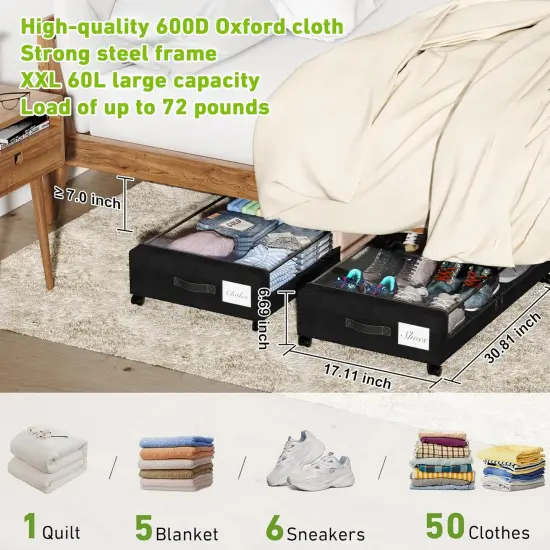 2-Pack Under the Bed Storage Containers with Clear Lids & Label,Under Bed Storage with Wheels {3}