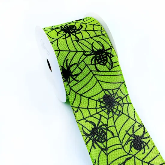 Designer&rsquo;s Shop WR 63-5098 Halloween Spider & Web Wired Ribbon &ndash; 2.5" x 10 Yards &ndash; Neon Green Black Print {1}