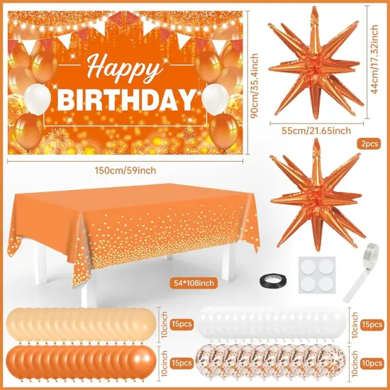 62pcs Orange Birthday Decorations Orange Happy Birthday Banner Balloons {4}