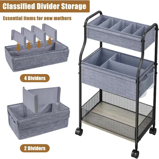 3-Tier Baby Diaper Caddy Organizer and Storage Cart with 4+2 Dividers {3}