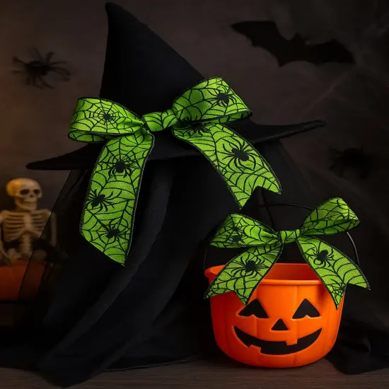 Designer&rsquo;s Shop WR 63-5098 Halloween Spider & Web Wired Ribbon &ndash; 2.5" x 10 Yards &ndash; Neon Green Black Print {3}