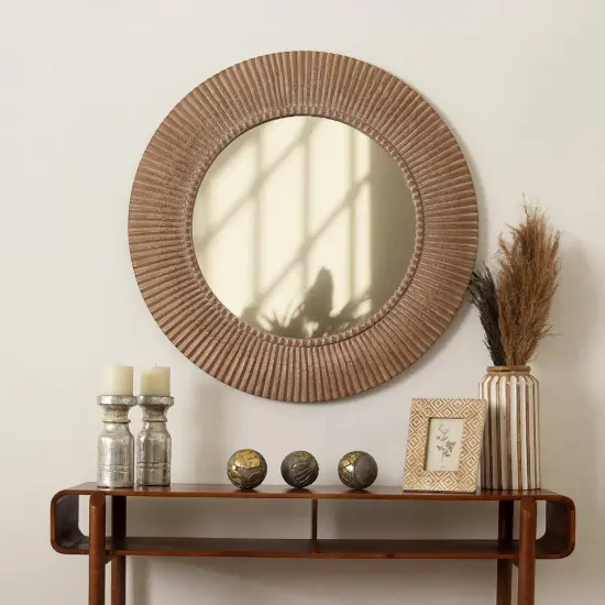 Rustic Farmhouse Style Handcarved Wooden Wall Mirror - 36" {1}