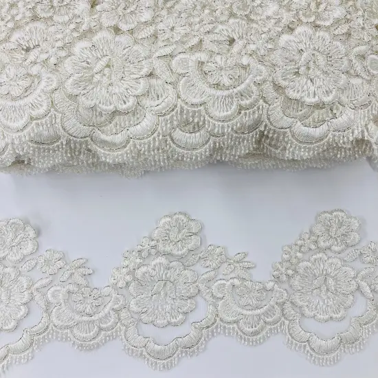 1 Yard Beautiful Corded Lace Trimming Embroidered on 100% Polyester Net Mesh 4 Inch Width Ivory with Silver {1}