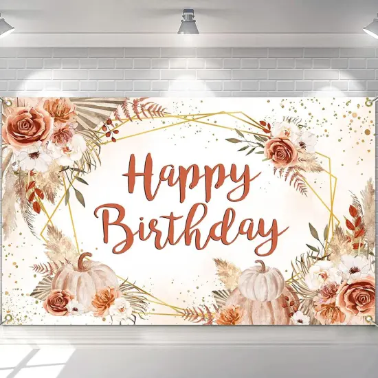 Pumpkin Birthday Banner Backdrop Boho Pumpkins Fall Floral {4}