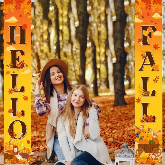 Hello Fall Banner Fall Party Porch Signs Maple Pumpkin Hanging Door {4}