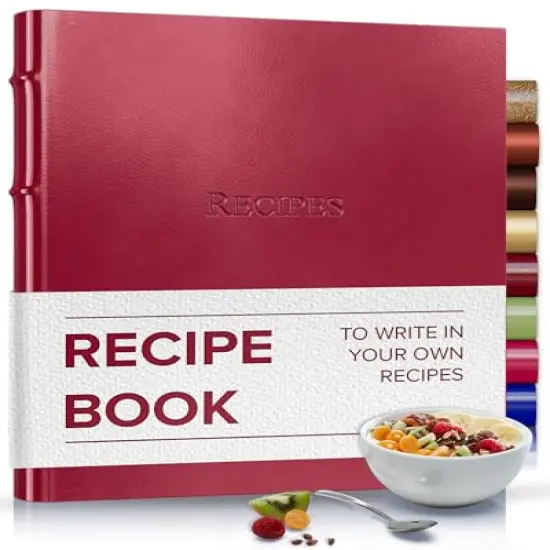 Gallery Leather Recipe book to write your own recipes - 3 Ring Recipe Binder With Protective Plastic Sleeves, Blank Cards, 25 Pocket Pages and Ivory Cards, Refillable - 9.25 x 8 " Camden Red {1}
