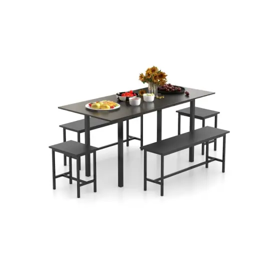 5 Piece Dining Table Set for 4-6, Includes 2 Benches & 2 Stools, Ideal for Kitchen & Dining Room Black {7}