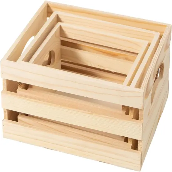 Set of 3 Rustic Wooden Nesting Crates with Handles {1}