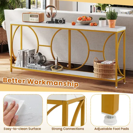 2-Tier Faux Marble Top Console Table with Storage Shelf-White {6}