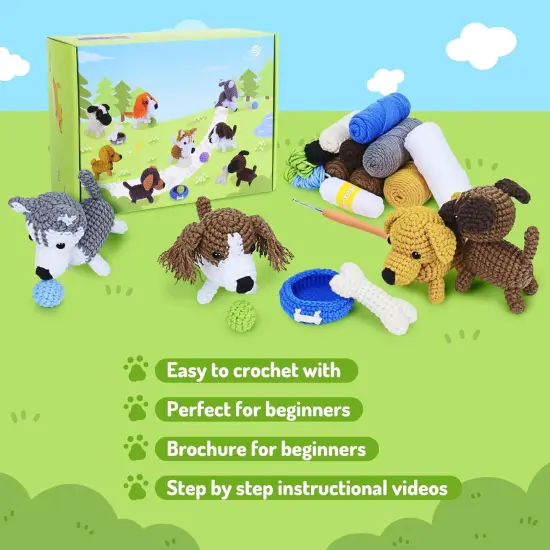 Crochet Kit, 9pcs Crochet Kit for Beginners w Step-by-Step Video Tutorials, Learn to Crochet Kits for Adults Kids, DIY Knitting Supplies-Husky, Golden Retriever, Springer Spaniel, Pug {2}