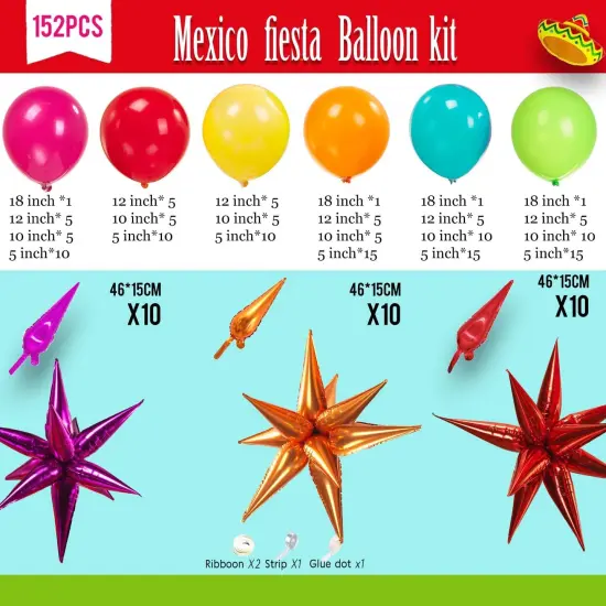 Mexican fiesta cinco de mayo independence Themed Balloon Garland Arch Kit 152 Pieces Hot Pink Red Yellow Orange Blue green Balloons for Cielito Lindo Birthday and Baby Shower Party Supplies Decoration {4}
