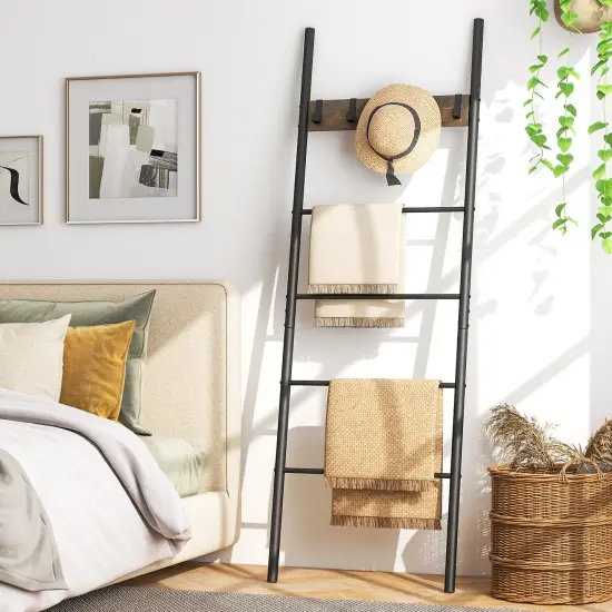 Black Wall-Leaning Decorative Blanket Holder with 5 Removable Hooks and Ladder Shelf {2}