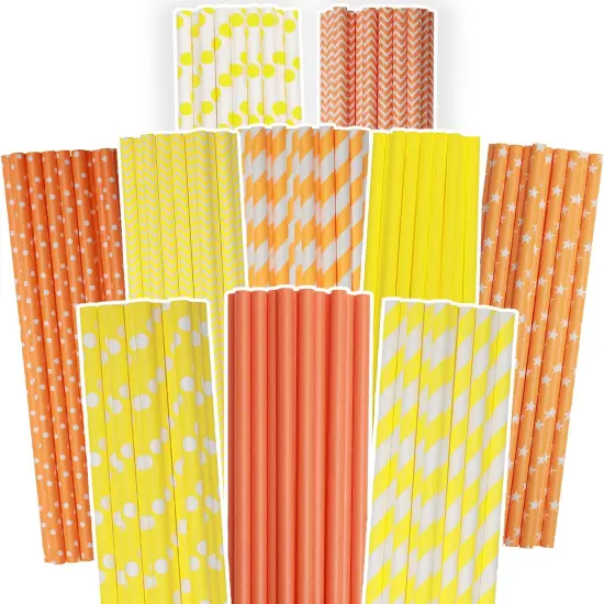 Yellow Orange Paper Straws for Drinking Yellow Disposable Straws 150pcs Biodegradable Disposable Straws Bulk(10 Pattern) {1}