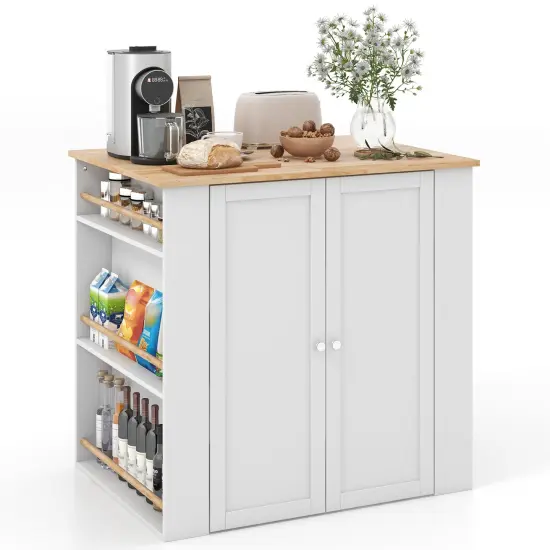 White Modern Kitchen Organizer with Rubber Wood Countertop and 2 Open Shelves {4}