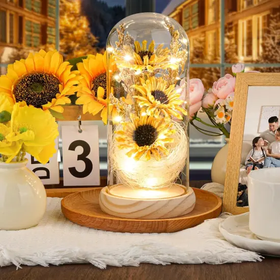 Artificial Sunflower in Glass Dome with LED Lights, Sunflower Gift for Women, Mom, Grandma, Birthday/Mother's Day/Home Decor - Thoughtful Keepsake Present for Anniversary {1}