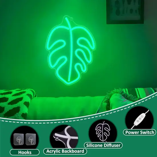 Tropical Summer Monstera Neon Sign, Green Palm Leaves LED Light Up Signs for Tropical Party Decorations, Home Safari Jungle Decor {5}